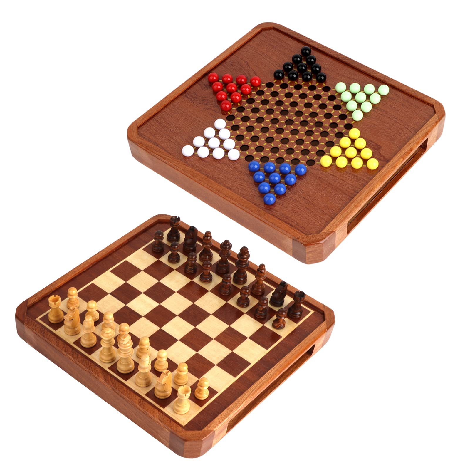 Chinese Checkers, Wooden Chess and Chinese Checkers Game Set, OOCOME Magnetic Chess Set, 2 in 1 Chess & Checkers Board Games with with Storage Drawer -Walnut Box