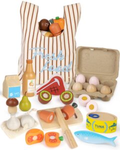 lehoo castle wooden play food sets for kids kitchen, food toys for toddlers 3+ year old, with shopping bag, pretend food play kitchen cutting fruits vegetables toys, gift for boys girls