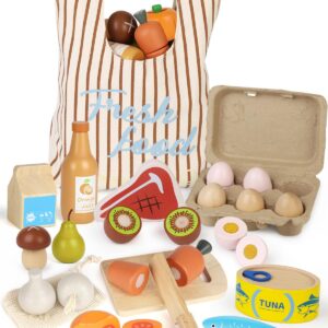 Lehoo Castle Wooden Play Food Sets for Kids Kitchen, Food Toys for Toddlers 3+ Year Old, with Shopping Bag, Pretend Food Play Kitchen Cutting Fruits Vegetables Toys, Gift for Boys Girls