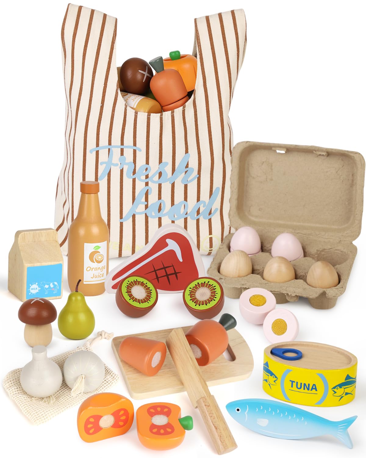 Lehoo Castle Wooden Play Food Sets for Kids Kitchen, Food Toys for Toddlers 3+ Year Old, with Shopping Bag, Pretend Food Play Kitchen Cutting Fruits Vegetables Toys, Gift for Boys Girls