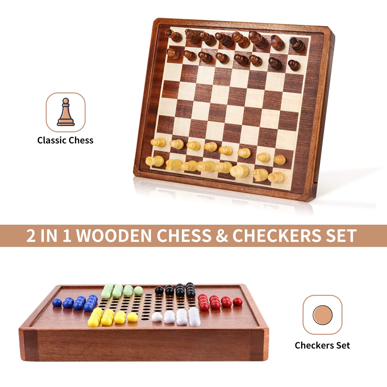 Chinese Checkers, Wooden Chess and Chinese Checkers Game Set, OOCOME Magnetic Chess Set, 2 in 1 Chess & Checkers Board Games with with Storage Drawer -Walnut Box