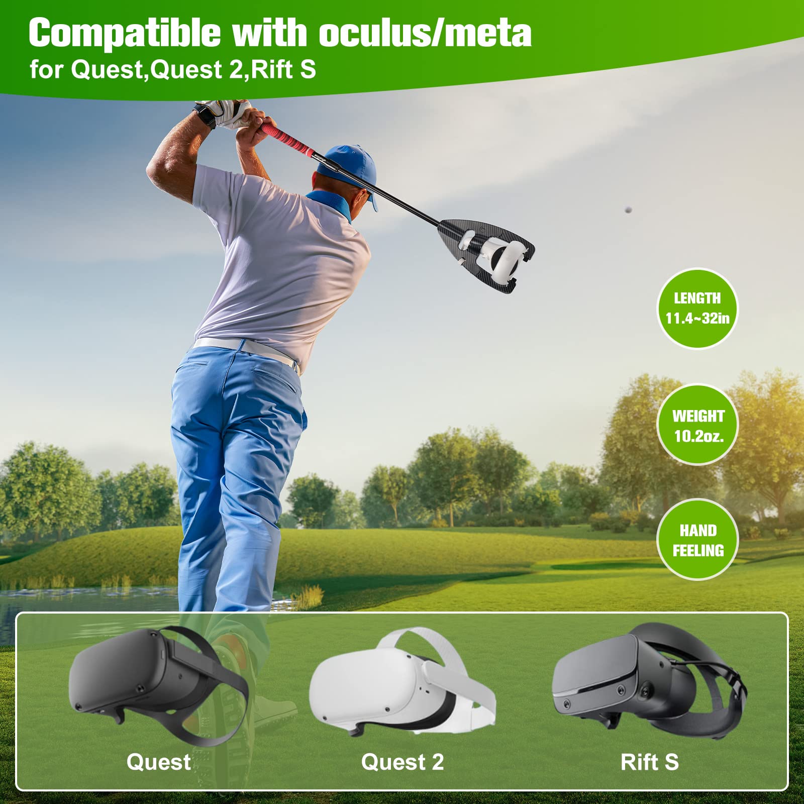 VR Golf Club for Oculus Quest 2 Rift S: Realistic Grip Handle Attachment for Golf Game: Meta Quest 2 Adjustable Length Controller Accessories: Universal Left and Right Controllers