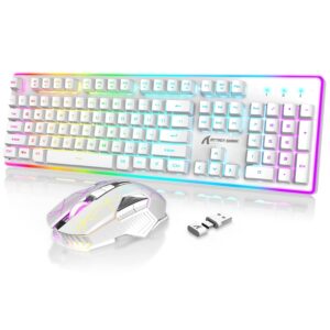 2.4g wireless gaming keyboard and mouse,type c/usb dual receiver,rgb led backlit,rechargeable 4200mah,full size mechanical feel,silent mice,mouse pad for pc,laptop,smartphone,ps4,ps5,xbox(white)