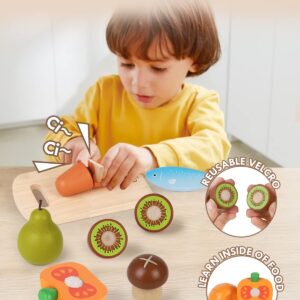 Lehoo Castle Wooden Play Food Sets for Kids Kitchen, Food Toys for Toddlers 3+ Year Old, with Shopping Bag, Pretend Food Play Kitchen Cutting Fruits Vegetables Toys, Gift for Boys Girls