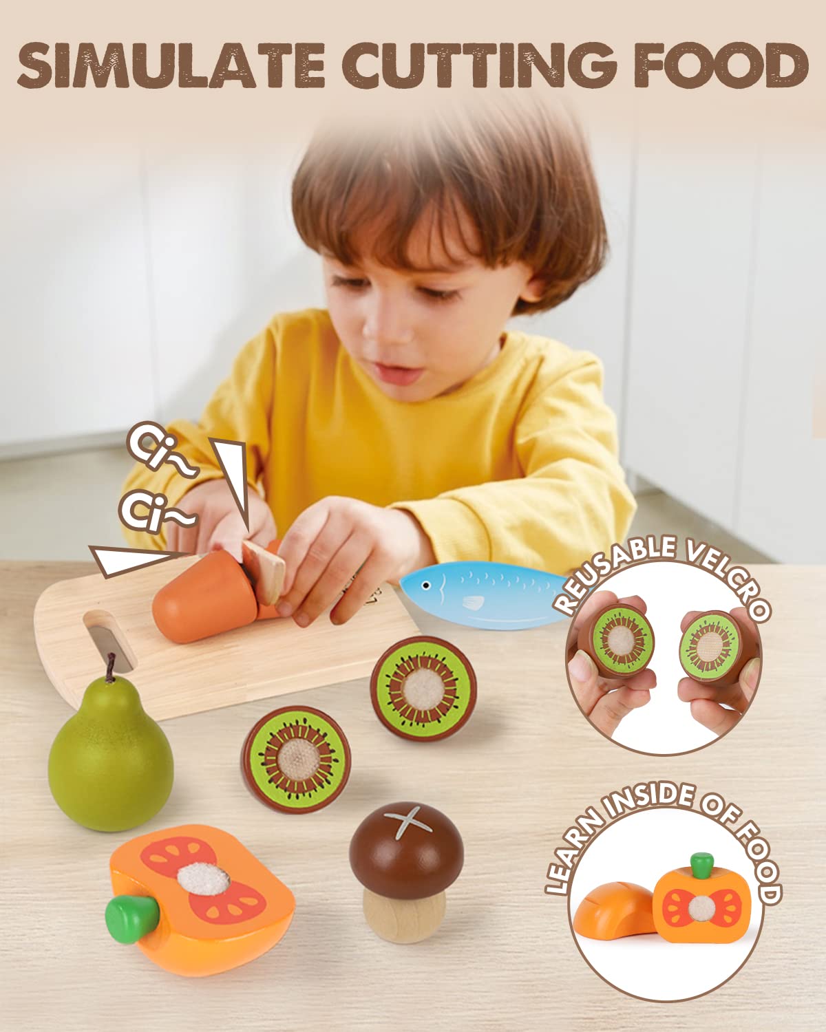 Lehoo Castle Wooden Play Food Sets for Kids Kitchen, Food Toys for Toddlers 3+ Year Old, with Shopping Bag, Pretend Food Play Kitchen Cutting Fruits Vegetables Toys, Gift for Boys Girls