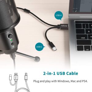 FIFINE USB Desktop Microphone 3.5mm/6.35mm Headphones for Studio Monitor, PC Microphone with Gain Control and Mute Button, Black Podcast Headphones with Coiled Cables, Soft Earmuffs (K683A+H8)