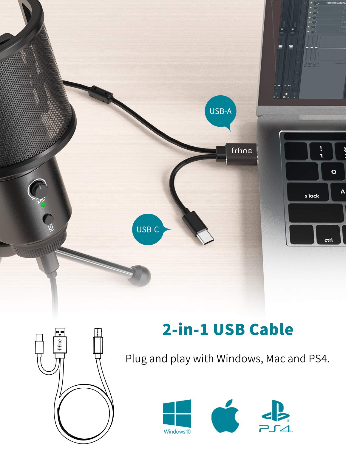 FIFINE USB Desktop Microphone 3.5mm/6.35mm Headphones for Studio Monitor, PC Microphone with Gain Control and Mute Button, Black Podcast Headphones with Coiled Cables, Soft Earmuffs (K683A+H8)