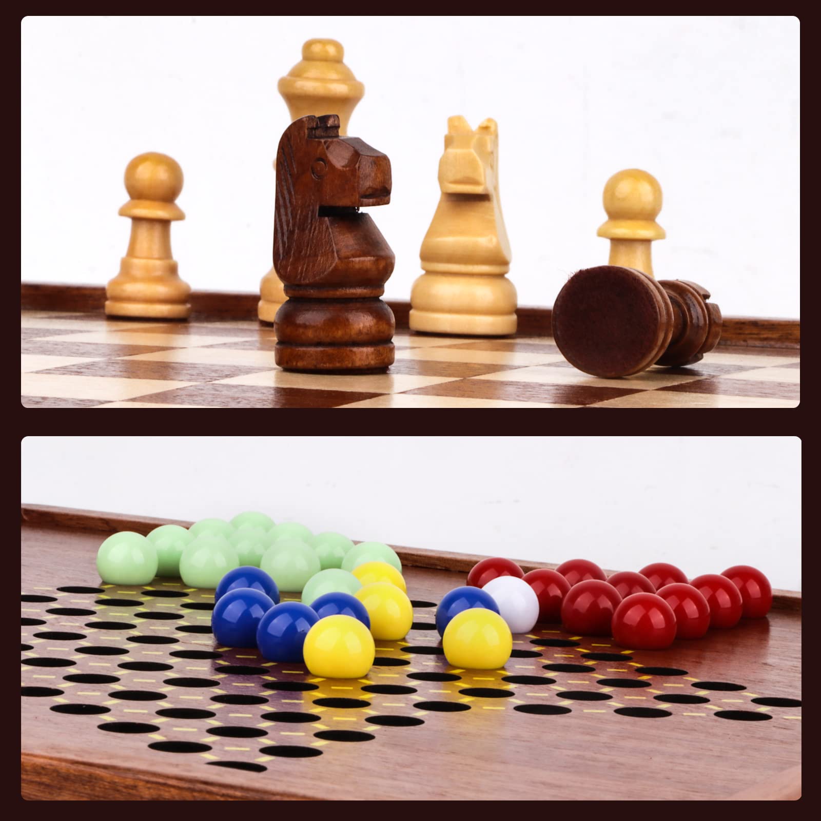 Chinese Checkers, Wooden Chess and Chinese Checkers Game Set, OOCOME Magnetic Chess Set, 2 in 1 Chess & Checkers Board Games with with Storage Drawer -Walnut Box