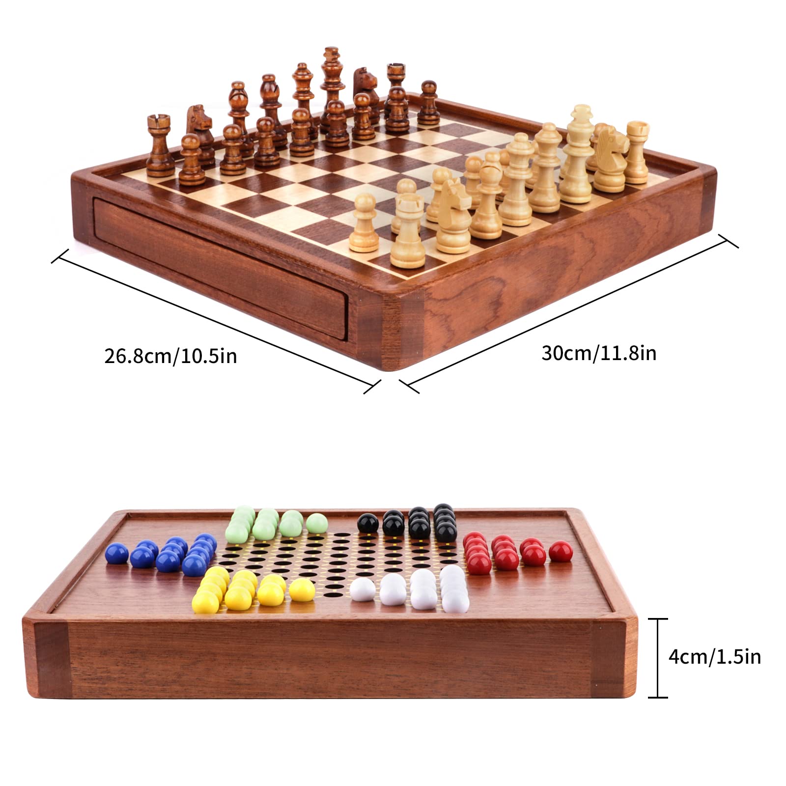 Chinese Checkers, Wooden Chess and Chinese Checkers Game Set, OOCOME Magnetic Chess Set, 2 in 1 Chess & Checkers Board Games with with Storage Drawer -Walnut Box