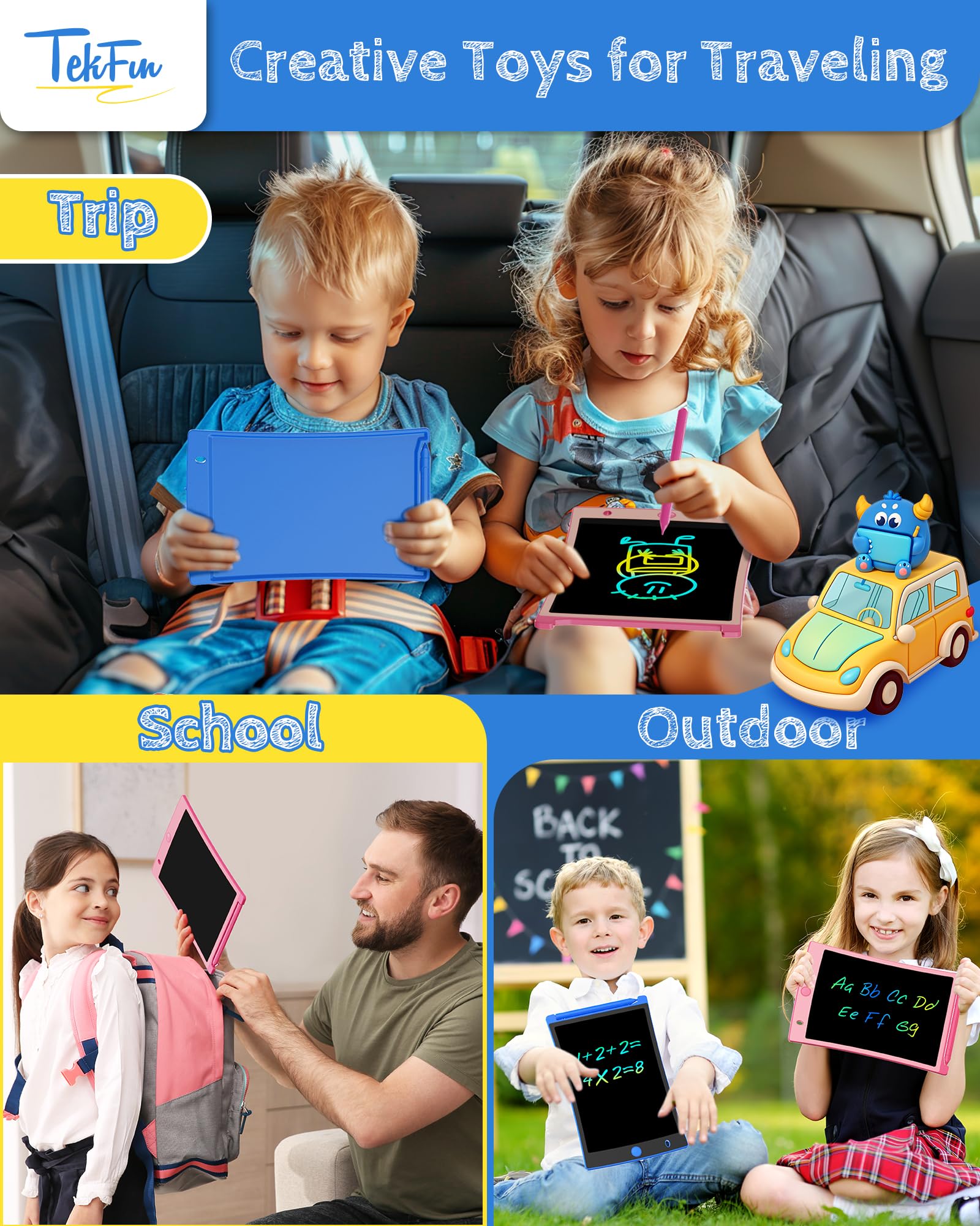 TEKFUN Kids Toys, 2Pcs LCD Writing Tablet with 4 Stylus, 8.5in Erasable Doodle Board Mess Free Drawing Pad for Kids, Car Trip Educational Toys Birthday for 3 4 5 6 7 Girls Boys