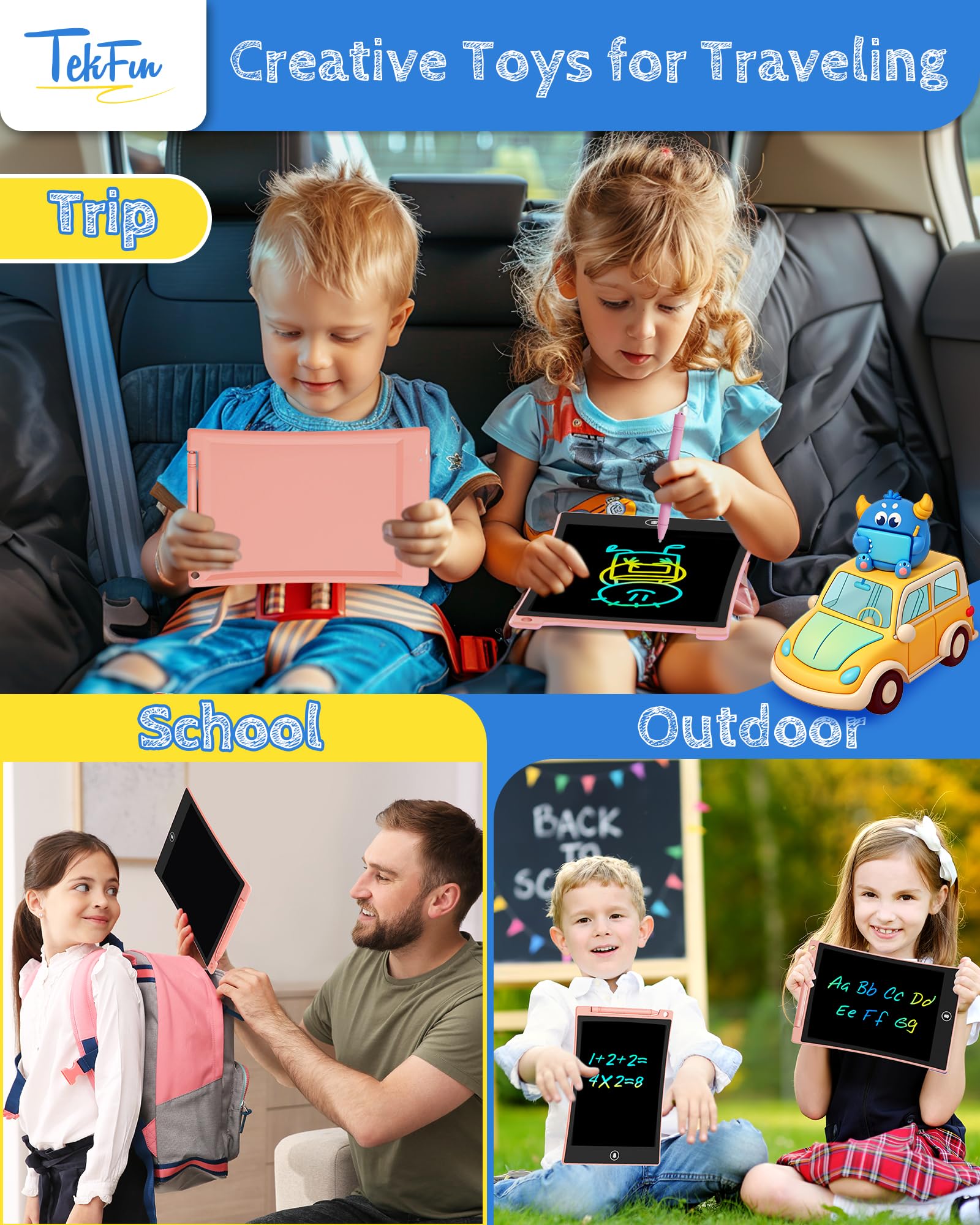 TEKFUN Toys for Kids, 2 Pcs LCD Writing Tablet with Anti-Lost Stylus, 10in Erasable Doodle Board Reusful Drawing Pad for Kids, Travel Car Trip Learning Toys Christmas Birthday Gift for 3 4 5 6 7 Girls