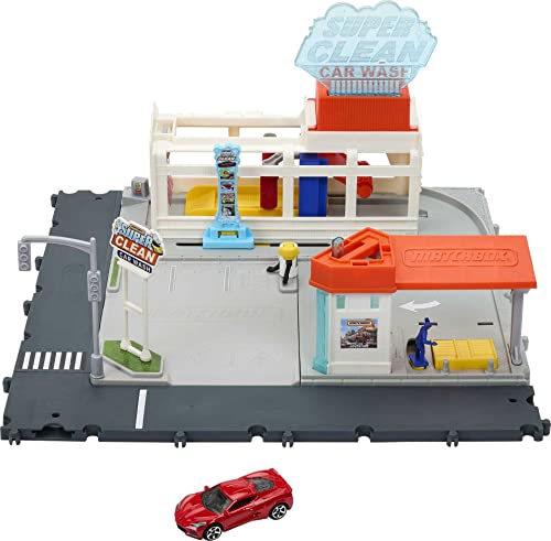 Matchbox Toy Car Playset, Action Drivers Super Clean Car Wash with 1 Chevrolet Corvette in 1:64 Scale, Lights & Sounds, Connects to Other Sets