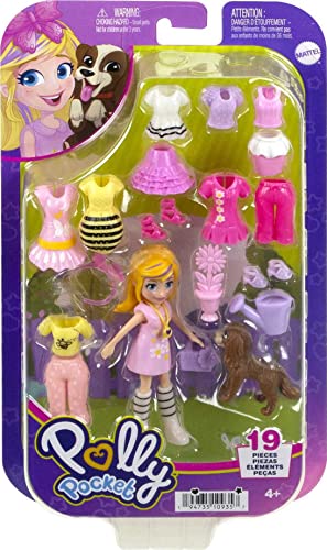 Polly Pocket Travel Toy with 3-inch Doll & 18 Accessories, Puppy & Flower-Themed Fashion Pack