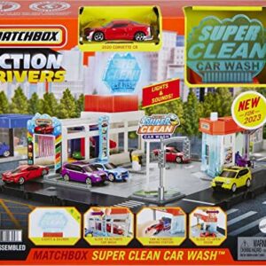 Matchbox Toy Car Playset, Action Drivers Super Clean Car Wash with 1 Chevrolet Corvette in 1:64 Scale, Lights & Sounds, Connects to Other Sets