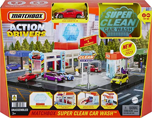 Matchbox Toy Car Playset, Action Drivers Super Clean Car Wash with 1 Chevrolet Corvette in 1:64 Scale, Lights & Sounds, Connects to Other Sets