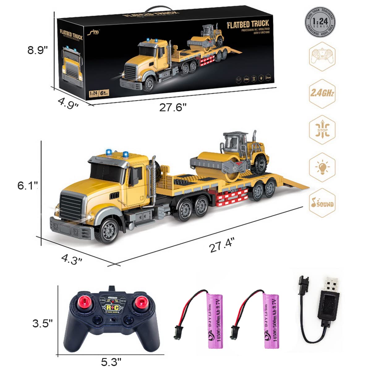 Remote Control Semi Truck Toy For Kids - 1:24 RC Semi-trailer Engineering Tractor With Sound And Lights, Trailer Truck Toy With Inertia Roller, Construction Vehicles For Boys & Girls 3-8 Years Old