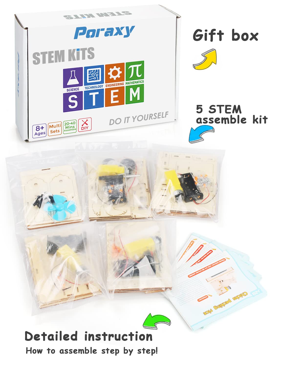 Poraxy 5 Set STEM Kits for Kids Ages 8-10, Toys for Ages 8-13, 3D Wooden Puzzles, Educational Engineering Arts Crafts Science Building Kits, Gifts for Boys and Girls 7 8 9 10 11 12 13 Year Old