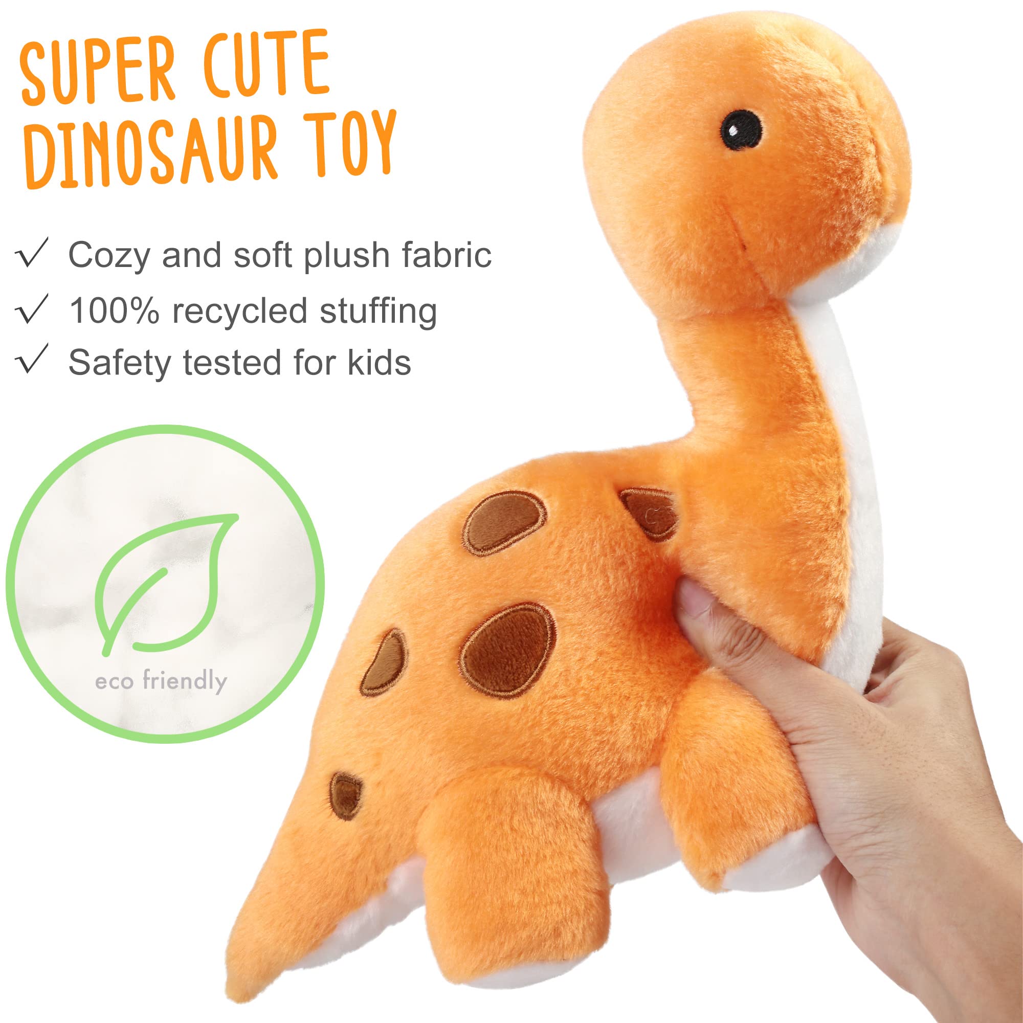 Benben Dinosaur Stuffed Animal, 11.5” Dino Plush Toys, Cute Plushies for Kids, Brachiosaurus, Baby Shower, Easter Decorations, Orange