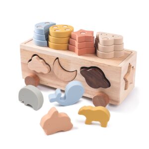 macabaka 4 games in 1 montessori shape sorter toys blocks cart educational stacking toys set with 22 montessori toys accessories stacking blocks toys for toddlers