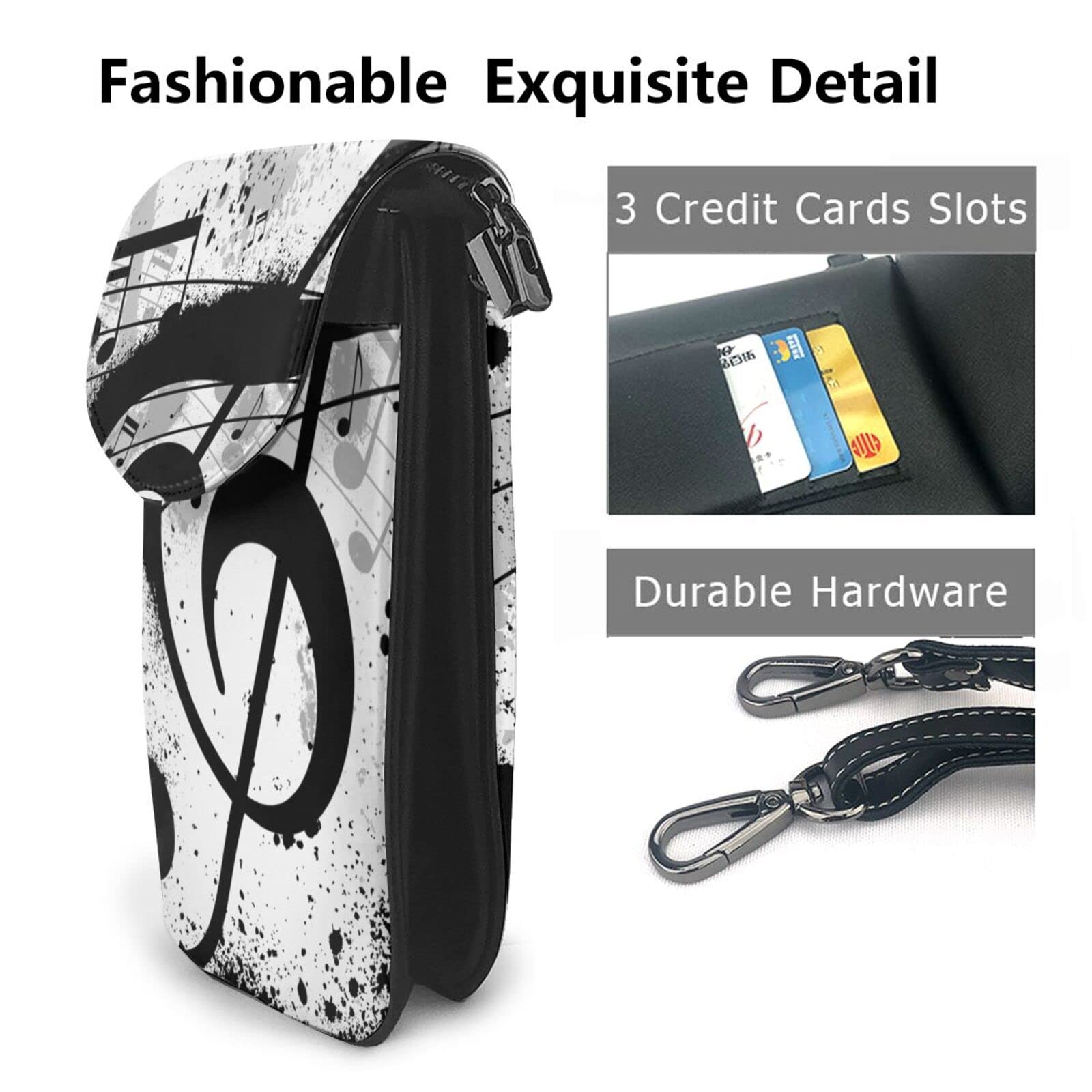 Women Cell Phone Purse Leather Crossbody Bag-Black Music Note Abstract Mini Shoulder Bag Card Holder Wallet