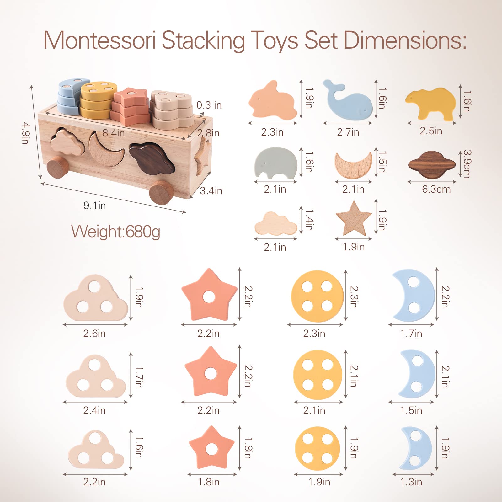 Macabaka 4 Games in 1 Montessori Shape Sorter Toys Blocks Cart Educational Stacking Toys Set with 22 Montessori Toys Accessories Stacking Blocks Toys for Toddlers