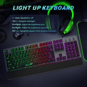 RaceGT Gaming Keyboard, Rainbow Backlit Wired Keyboard 104 Keys Full Size with Wrist Rest, Splash-Proof Design Compatible for Computer PC Laptop Xbox