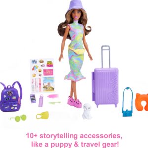 Barbie It Takes Two Doll & Accessories, Travel-themed Set with Puppy, Working Suitcase, Sticker Sheet & 10+ Pieces