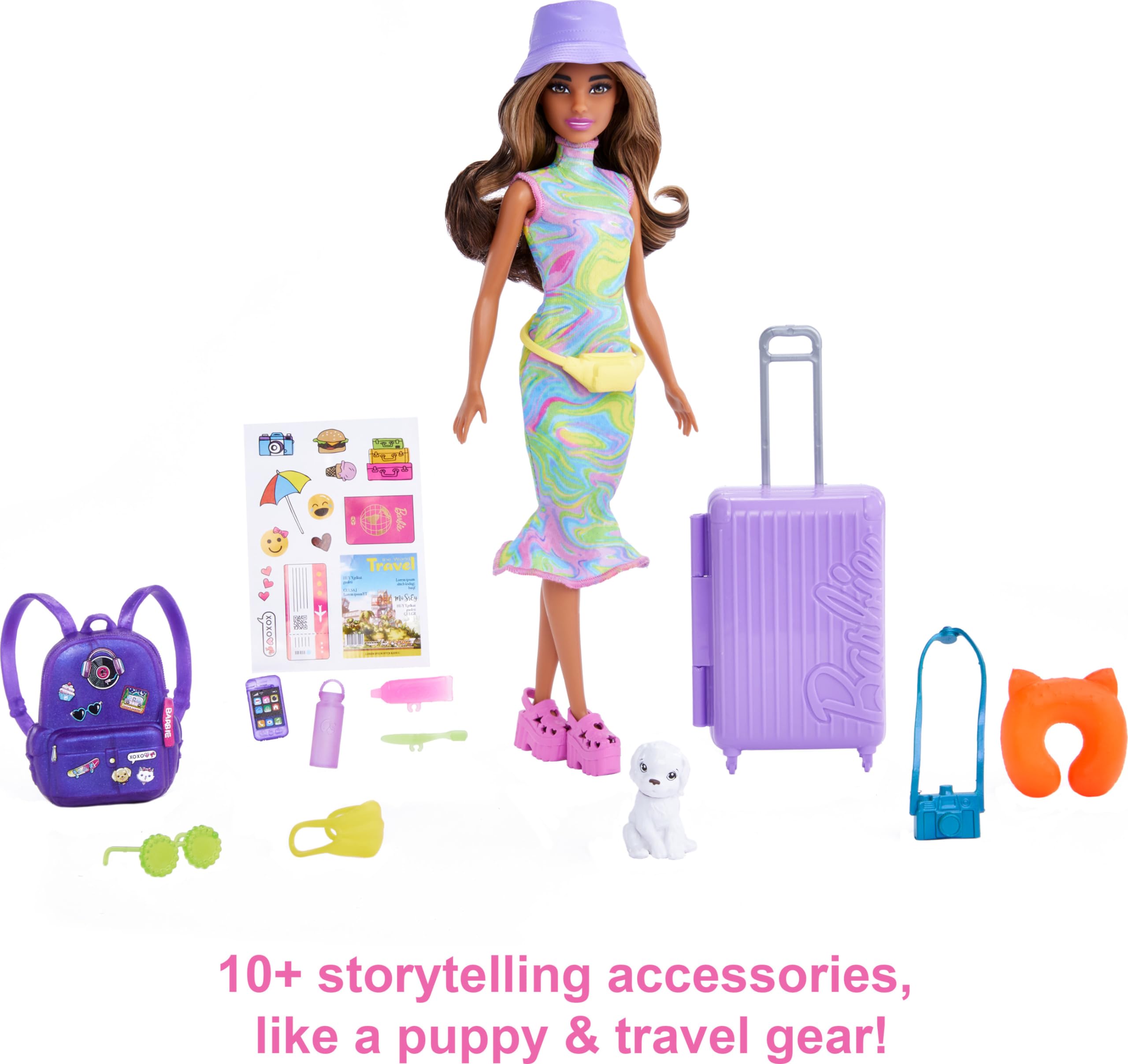 Barbie It Takes Two Doll & Accessories, Travel-themed Set with Puppy, Working Suitcase, Sticker Sheet & 10+ Pieces