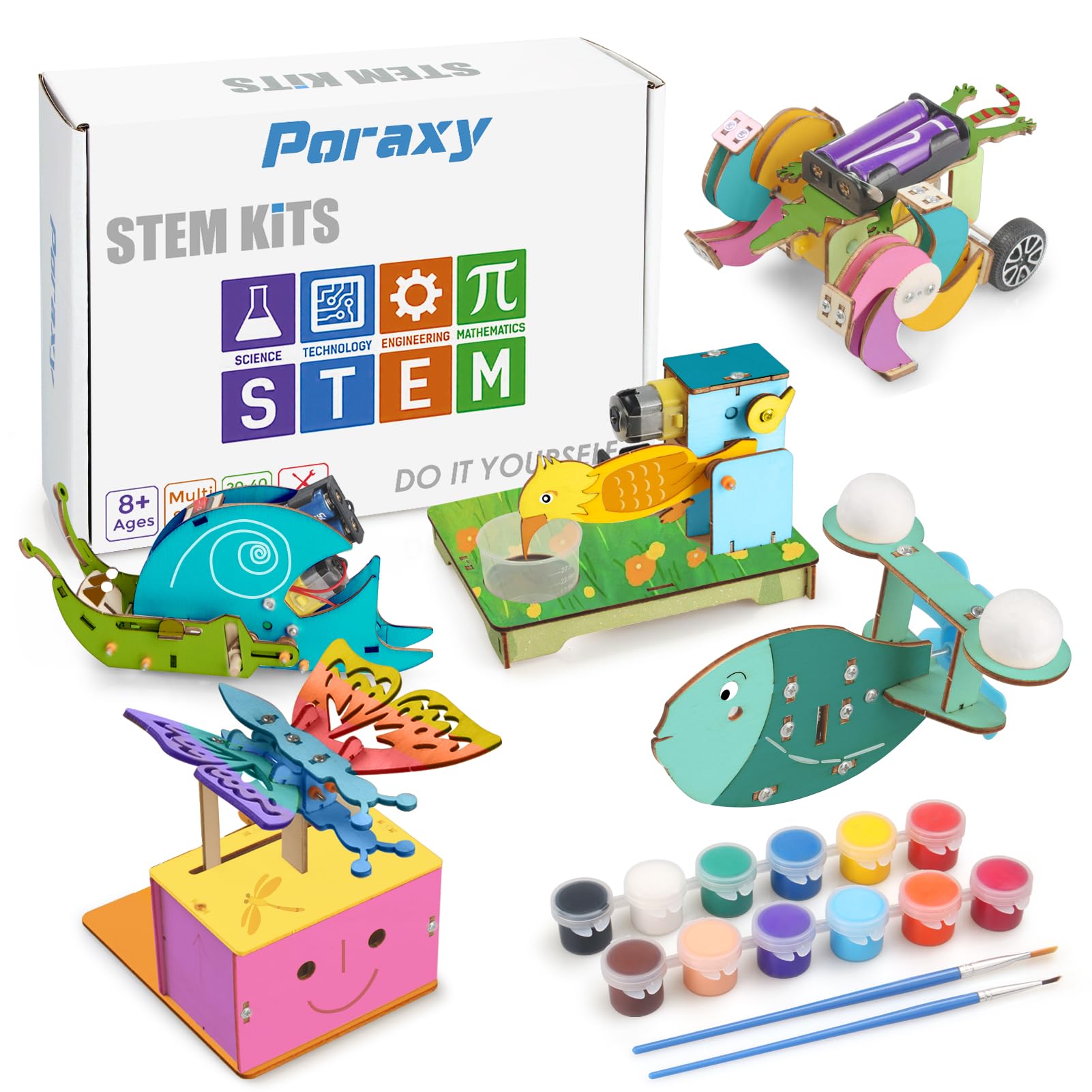 Poraxy 5 Set STEM Kits for Kids Ages 8-10, Toys for Ages 8-13, 3D Wooden Puzzles, Educational Engineering Arts Crafts Science Building Kits, Gifts for Boys and Girls 7 8 9 10 11 12 13 Year Old