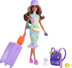 barbie it takes two doll & accessories, travel-themed set with puppy, working suitcase, sticker sheet & 10+ pieces