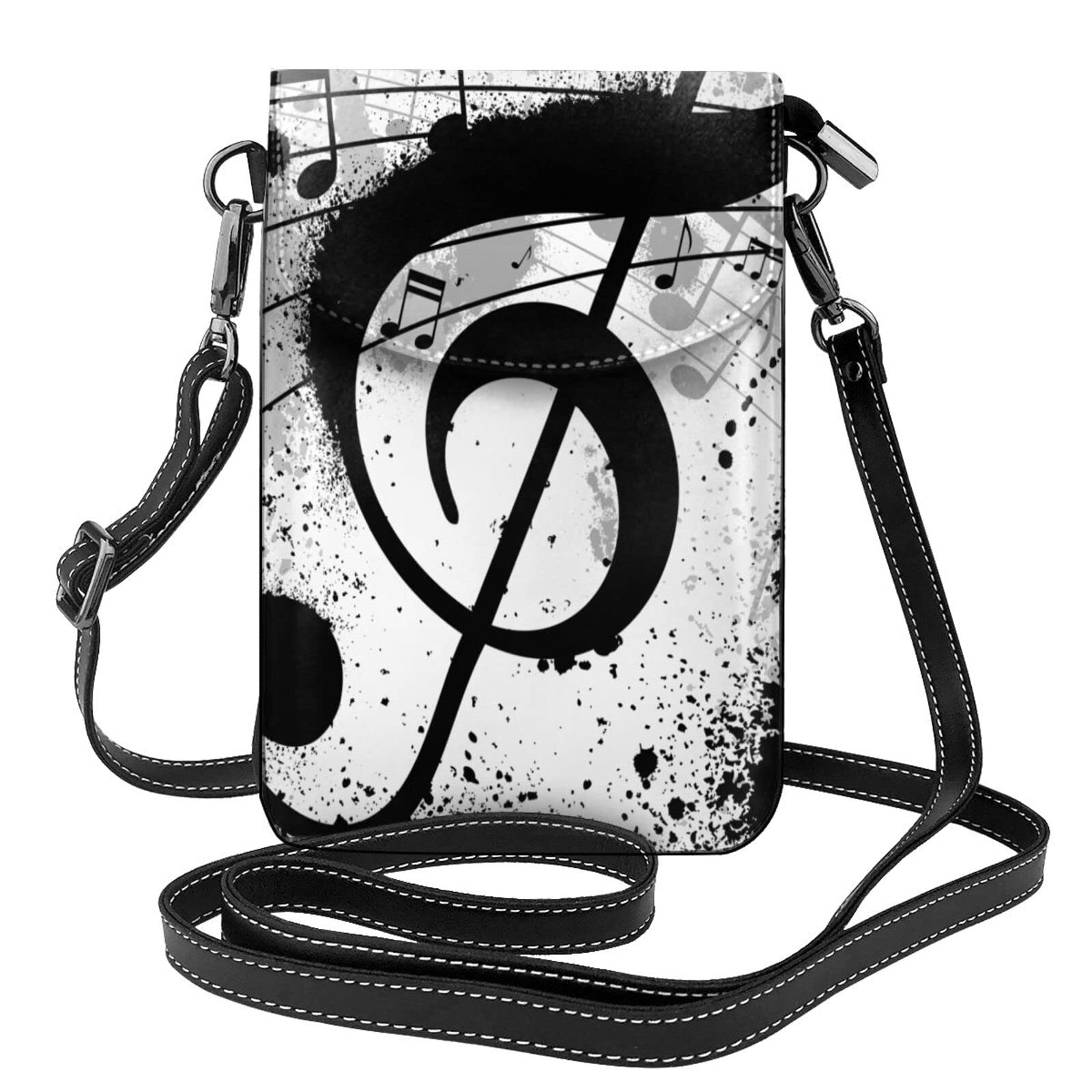 Women Cell Phone Purse Leather Crossbody Bag-Black Music Note Abstract Mini Shoulder Bag Card Holder Wallet