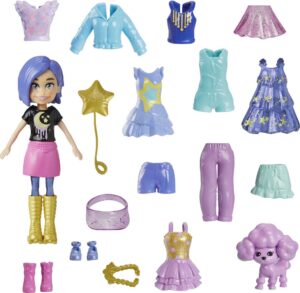 polly pocket travel toy with 3-inch doll and 18 accessories, puppy and star-themed fashion pack playset