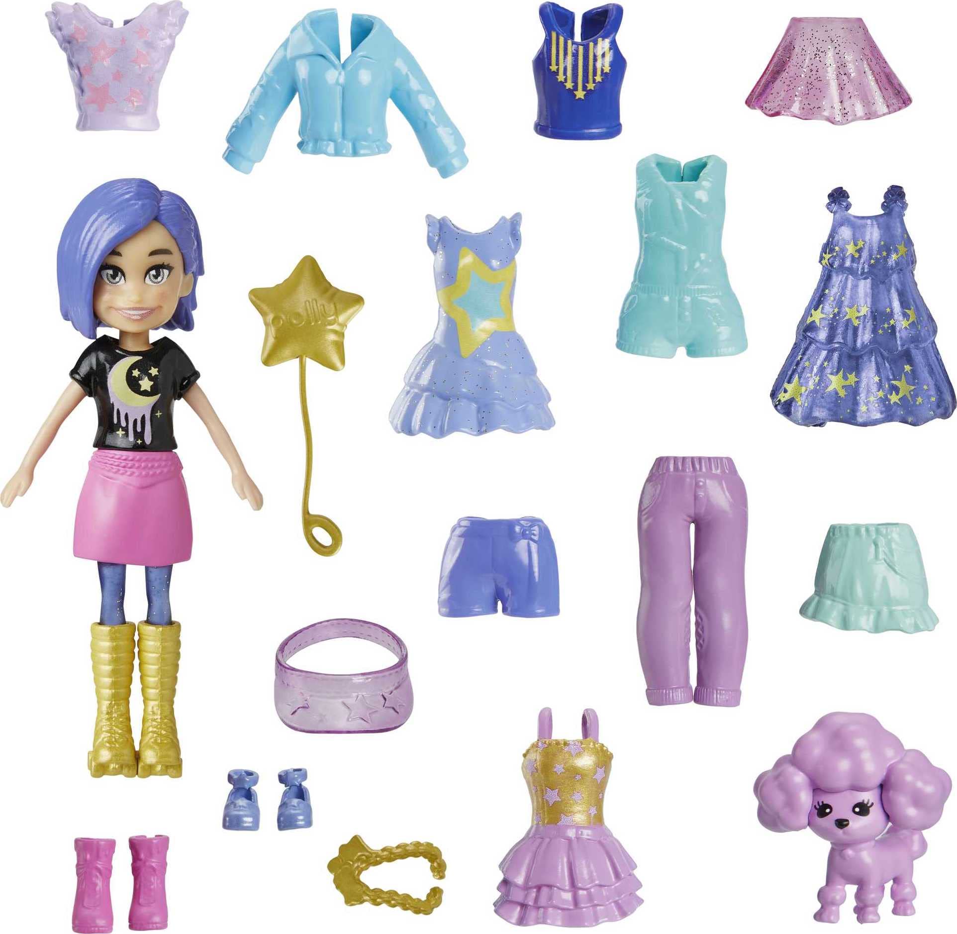 Polly Pocket Travel Toy with 3-inch Doll and 18 Accessories, Puppy and Star-Themed Fashion Pack Playset