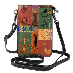 women cell phone purse leather crossbody bag-african style dance depicting mini shoulder bag card holder wallet