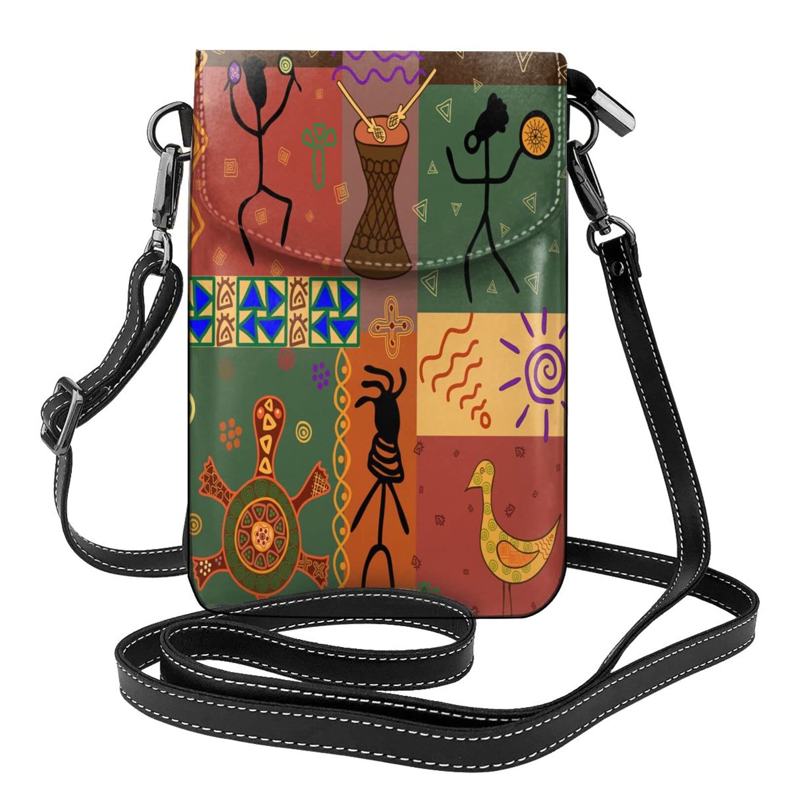 Women Cell Phone Purse Leather Crossbody Bag-African Style Dance Depicting Mini Shoulder Bag Card Holder Wallet