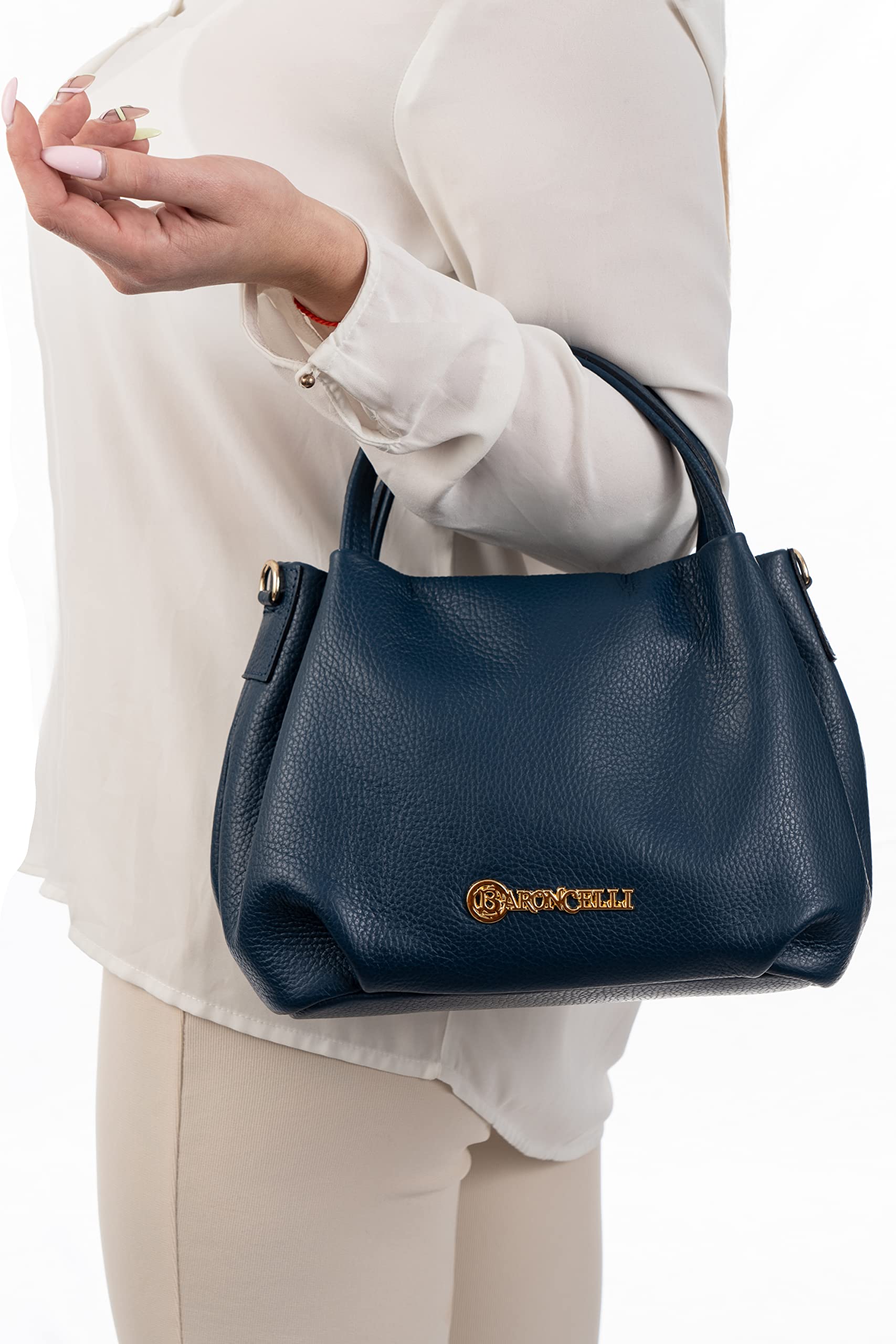 Baroncelli Italian Navy Blue Leather Purse for Women Genuine Soft Leather Medium Size Shoulder Crossbody Bag Made in Italy