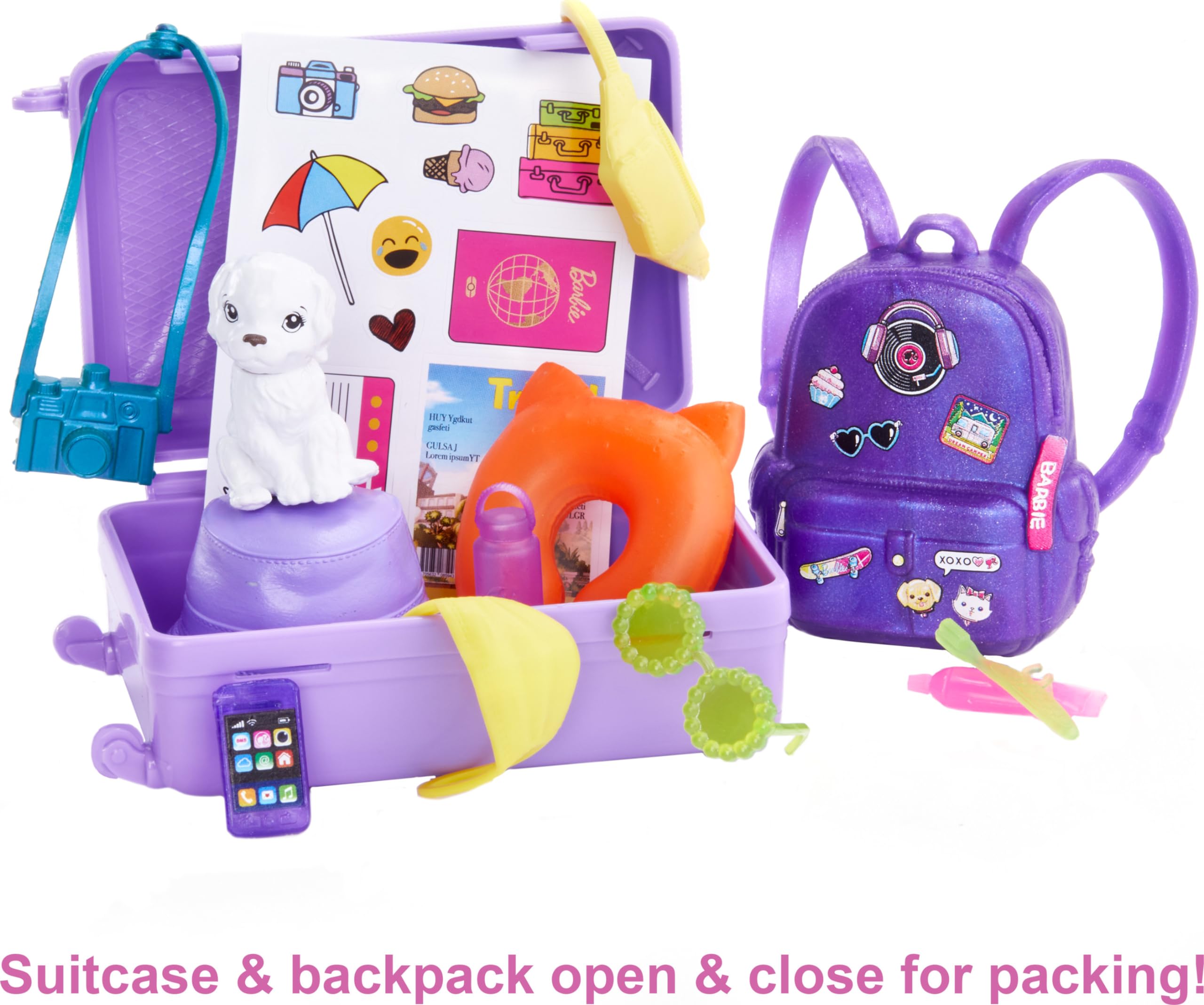 Barbie It Takes Two Doll & Accessories, Travel-themed Set with Puppy, Working Suitcase, Sticker Sheet & 10+ Pieces