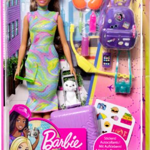 Barbie It Takes Two Doll & Accessories, Travel-themed Set with Puppy, Working Suitcase, Sticker Sheet & 10+ Pieces