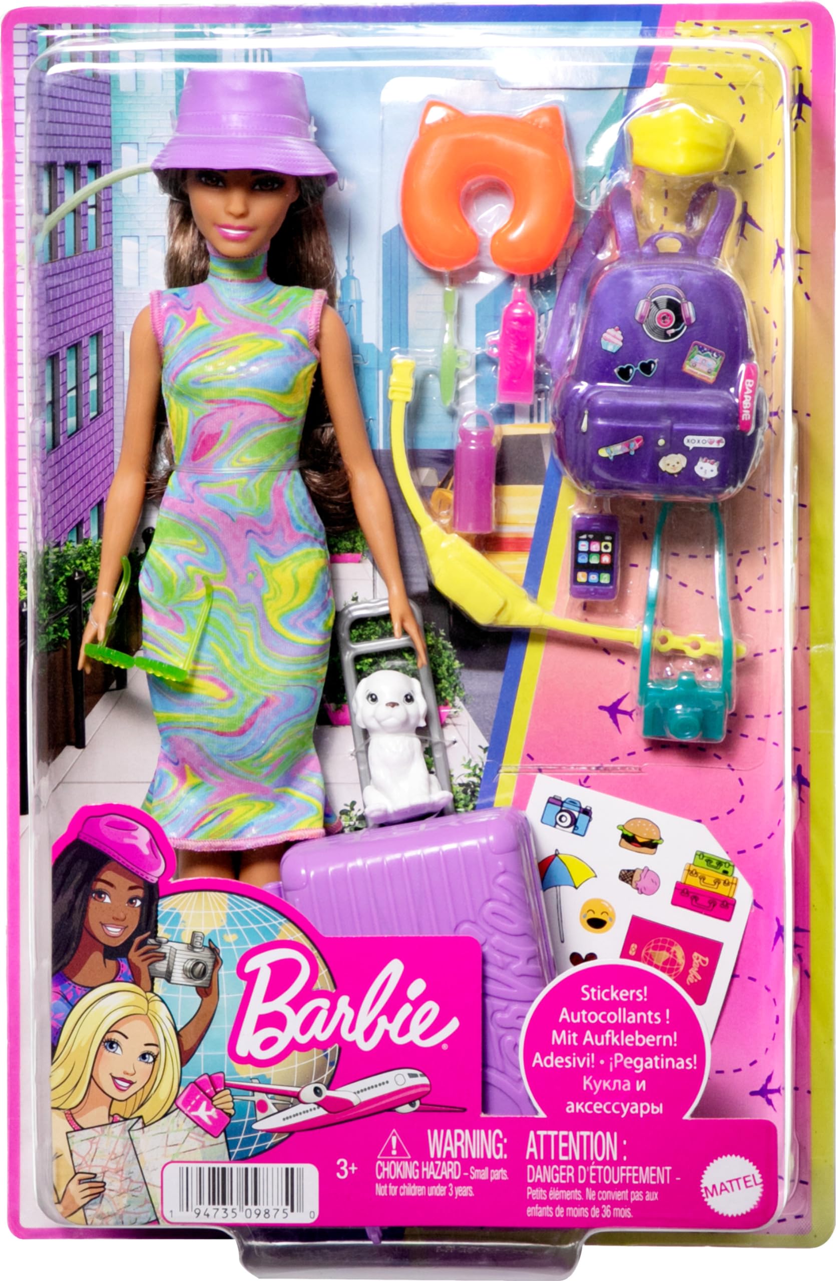 Barbie It Takes Two Doll & Accessories, Travel-themed Set with Puppy, Working Suitcase, Sticker Sheet & 10+ Pieces