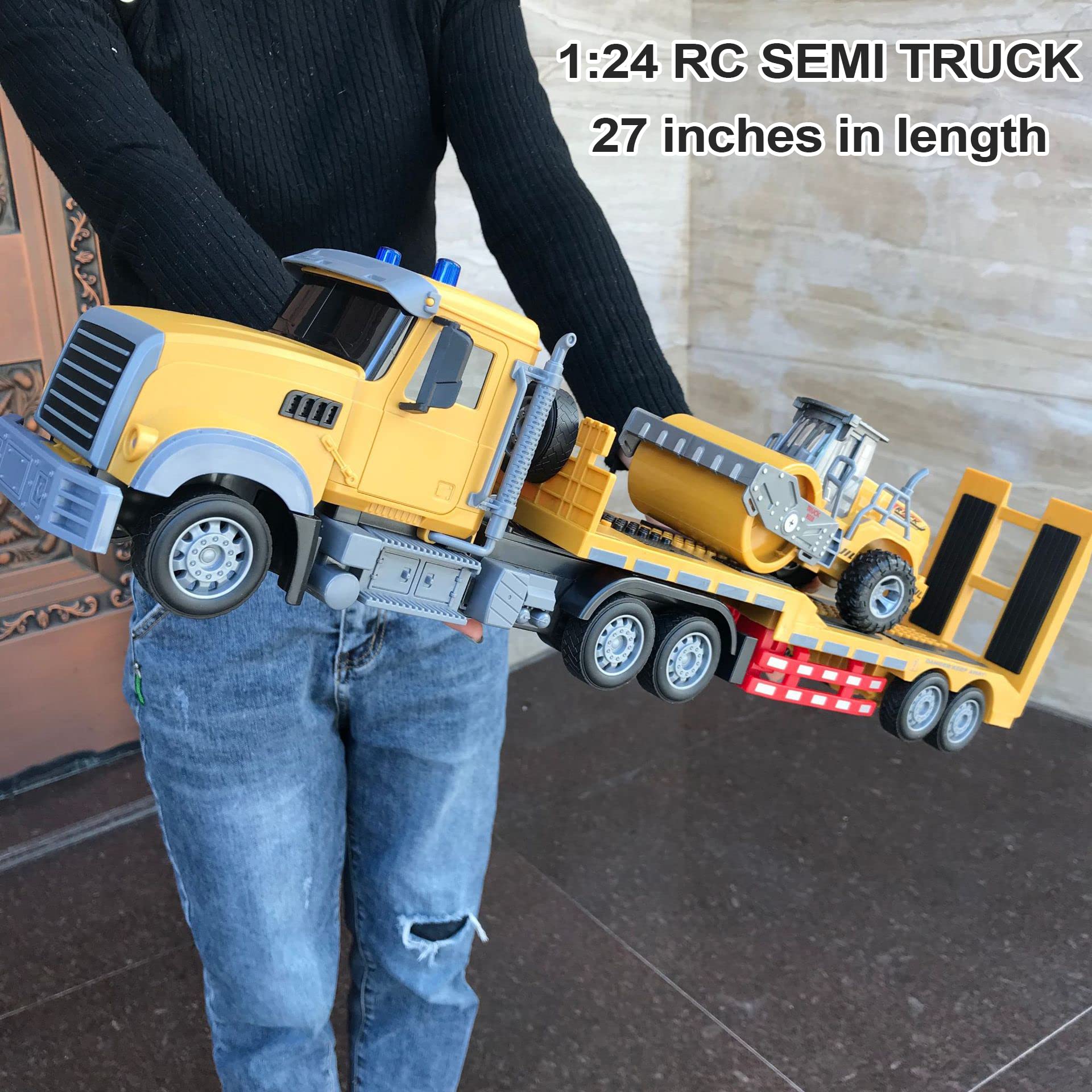 Remote Control Semi Truck Toy For Kids - 1:24 RC Semi-trailer Engineering Tractor With Sound And Lights, Trailer Truck Toy With Inertia Roller, Construction Vehicles For Boys & Girls 3-8 Years Old