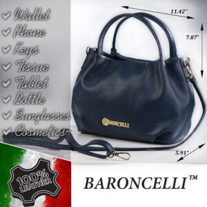 Baroncelli Italian Navy Blue Leather Purse for Women Genuine Soft Leather Medium Size Shoulder Crossbody Bag Made in Italy