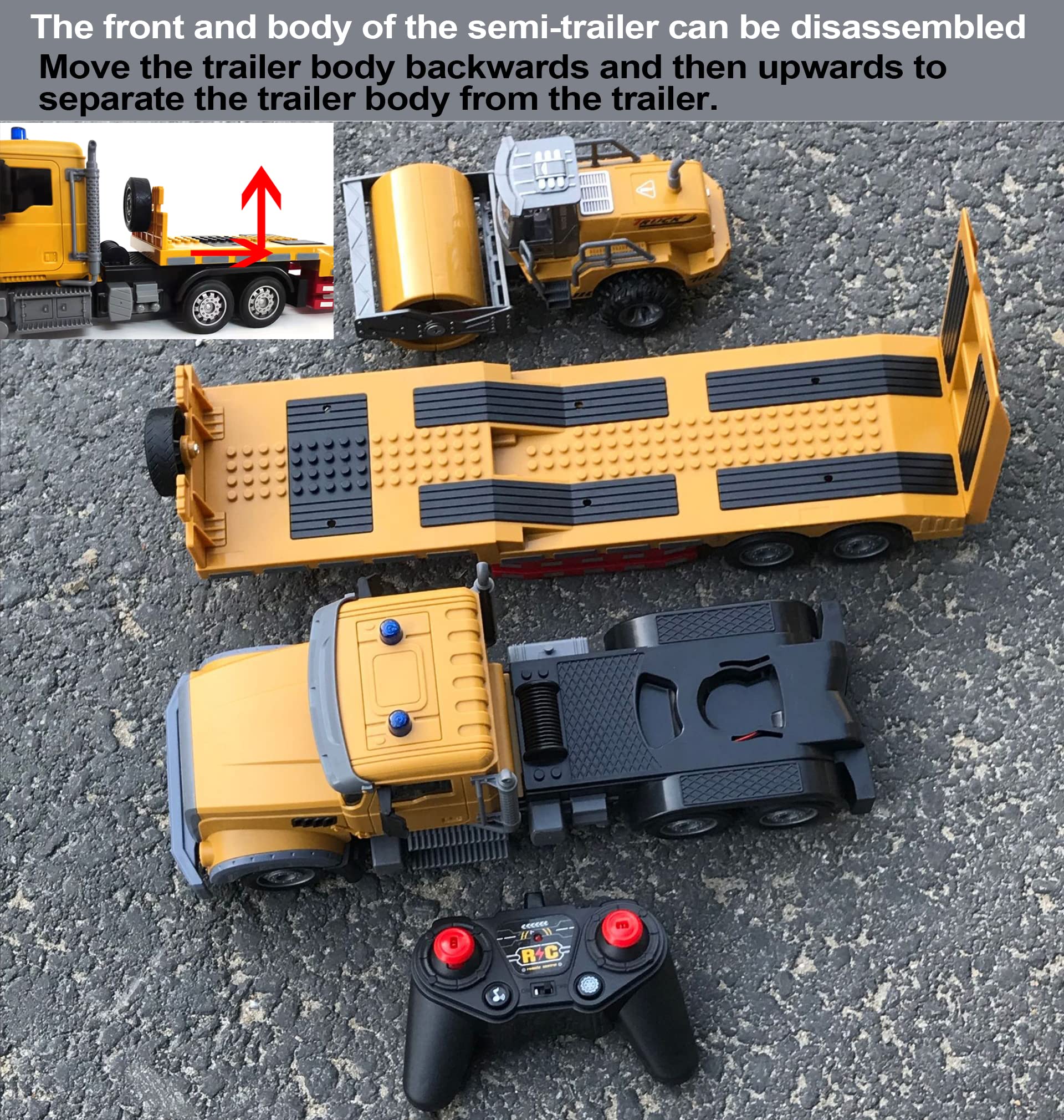 Remote Control Semi Truck Toy For Kids - 1:24 RC Semi-trailer Engineering Tractor With Sound And Lights, Trailer Truck Toy With Inertia Roller, Construction Vehicles For Boys & Girls 3-8 Years Old