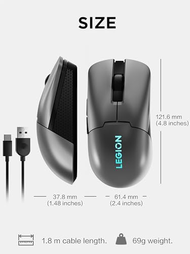 Lenovo Legion M600s RGB Wireless Gaming Mouse – 19,000 DPI, 6 Programmable Buttons, 70 Hours Battery Life, Tri-Mode Connectivity (2.4 GHz, Bluetooth, Wired), (Iron Grey)