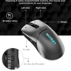 Lenovo Legion M600s RGB Wireless Gaming Mouse – 19,000 DPI, 6 Programmable Buttons, 70 Hours Battery Life, Tri-Mode Connectivity (2.4 GHz, Bluetooth, Wired), (Iron Grey)