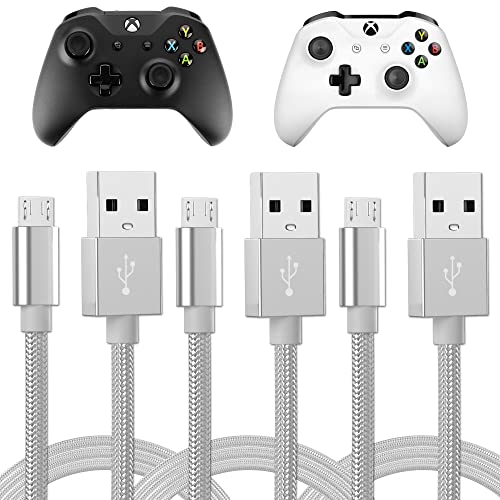 TALK WORKS Charger Cord Compatible with Xbox One Gaming Controllers - 6 ft Nylon Braided Micro USB Charging Cable, Heavy-Duty Fast Charge (Silver, Pack of 3) (14095)