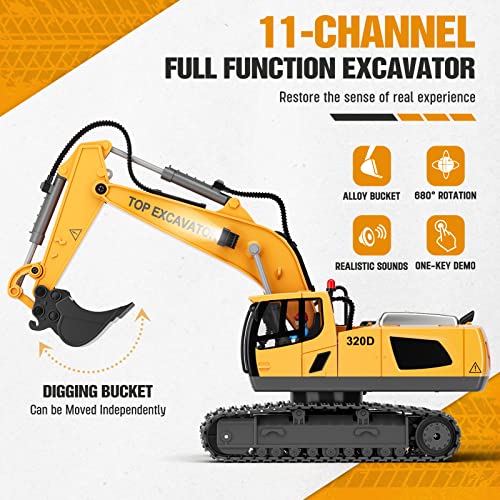 Remote Control Excavator Construction Toys for Boys, 2×1200mAh RC Excavator Toy with Metal Shovel & Light, 11CH Excavator Toys for Boys 3-5 4-7 8-12 Year Old Kids 2024 Christmas Birthday Gift,120+Mins