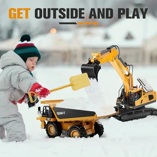 Remote Control Excavator Construction Toys for Boys, 2×1200mAh RC Excavator Toy with Metal Shovel & Light, 11CH Excavator Toys for Boys 3-5 4-7 8-12 Year Old Kids 2024 Christmas Birthday Gift,120+Mins