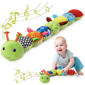 awotoy baby toys 0 to 12 months, musical stuffed animal activity soft toys with multi-sensory crinkle, rattle and textures, infant tummy time toys for newborn boys girls, caterpillar, green