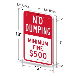 SmartSign No Dumping Minimum Fine 500 Sign - 2 Pack, 18 x 12 inch, 2mm Aluminum Composite, Pre-Drilled Holes, Red and White, Made in USA