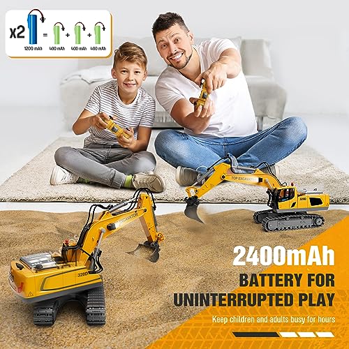 Remote Control Excavator Construction Toys for Boys, 2×1200mAh RC Excavator Toy with Metal Shovel & Light, 11CH Excavator Toys for Boys 3-5 4-7 8-12 Year Old Kids 2024 Christmas Birthday Gift,120+Mins